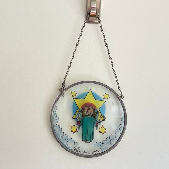Vintage 1977 Christmas Angel Stained Glass Hanging Ornament Retro Holiday Decor - Picture 1 of 5